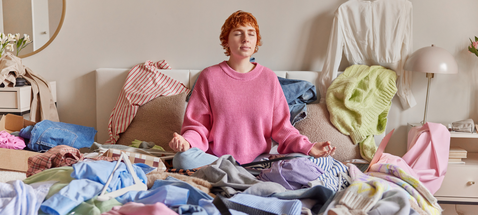 Frau sitz auf Bett voller Kleidung / Kleiderschrank aussortieren